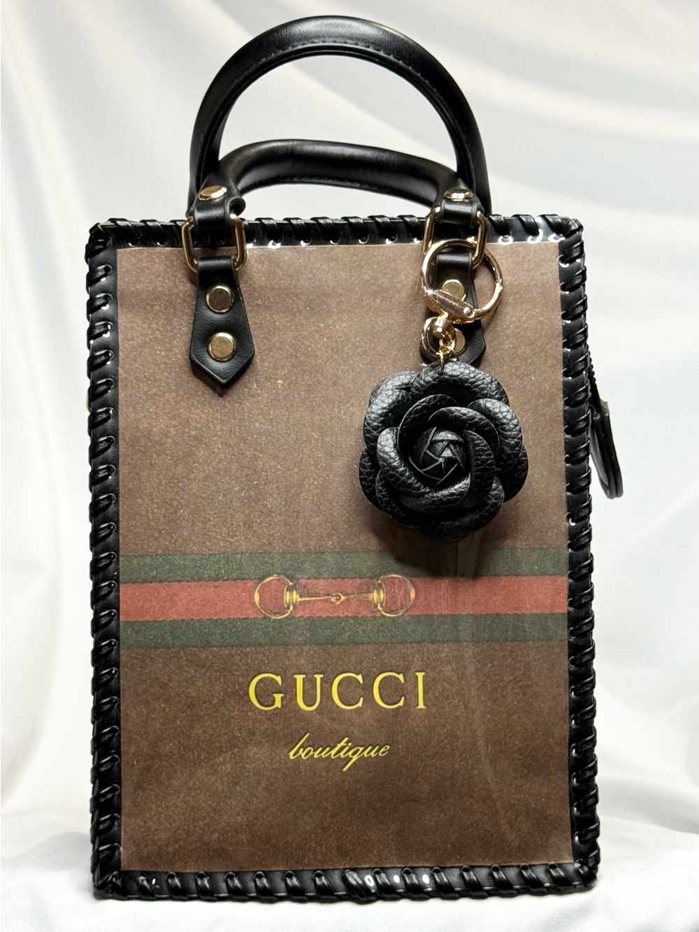 Upcycled Gucci Brown & Black Leather-Trim Satchel with Flower Charm